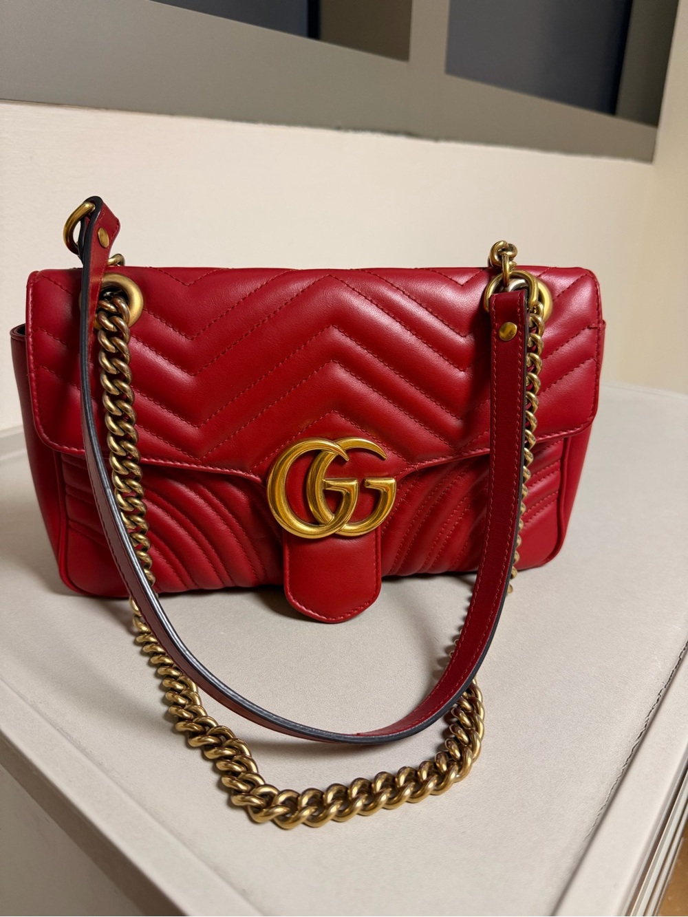 Gucci Red Quilted GG Marmont Medium Shoulder/Crossbody Bag with Gold Hardware